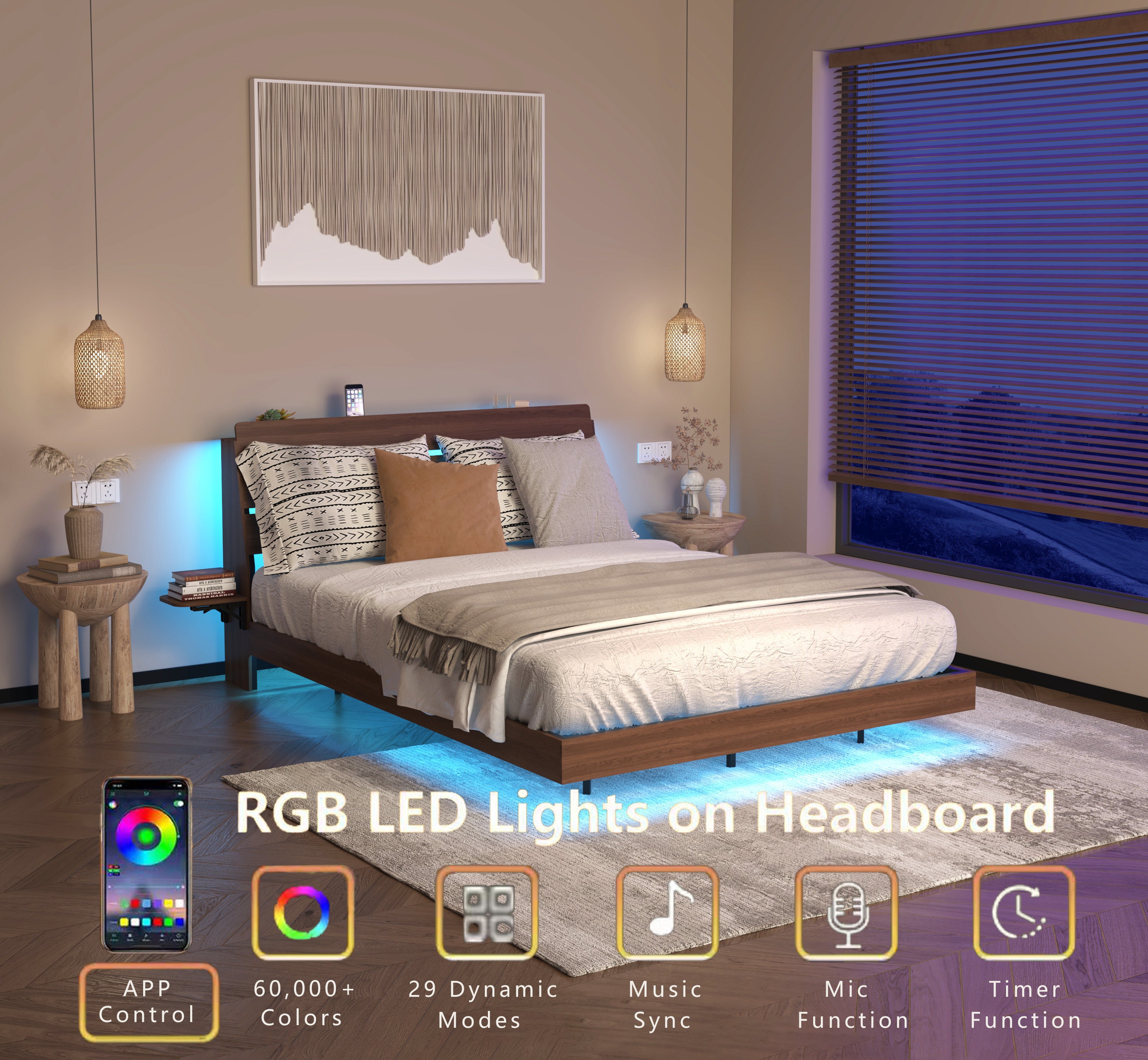 Modern floating bed frame queen with LED lights, showcasing 60,000+ color modes, music sync, and app control for ambiance.