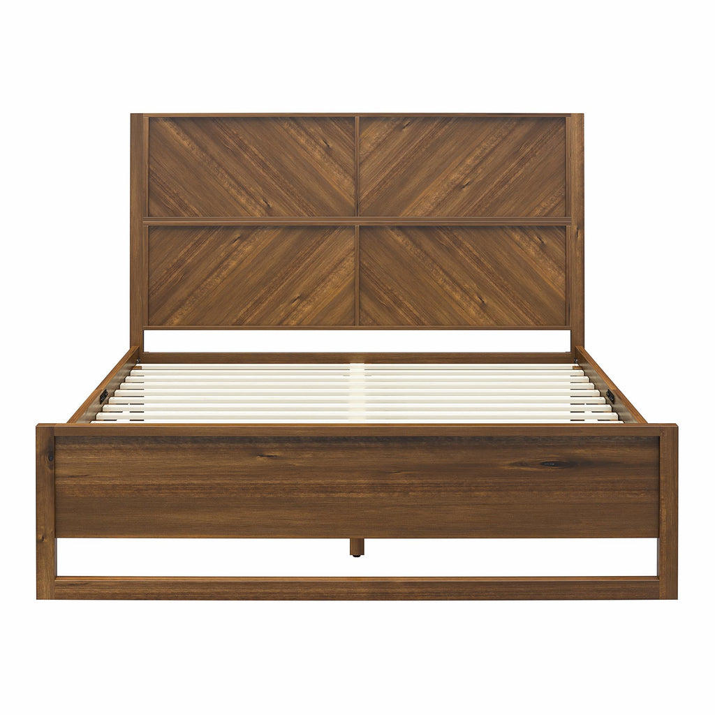 Modern boho queen bed frame in brown acacia veneer with a chevron-patterned headboard and solid wood slat base.