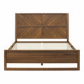 Modern boho queen bed frame in brown acacia veneer with a chevron-patterned headboard and solid wood slat base.