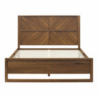Modern boho queen bed frame in brown acacia veneer with a chevron-patterned headboard and solid wood slat base.
