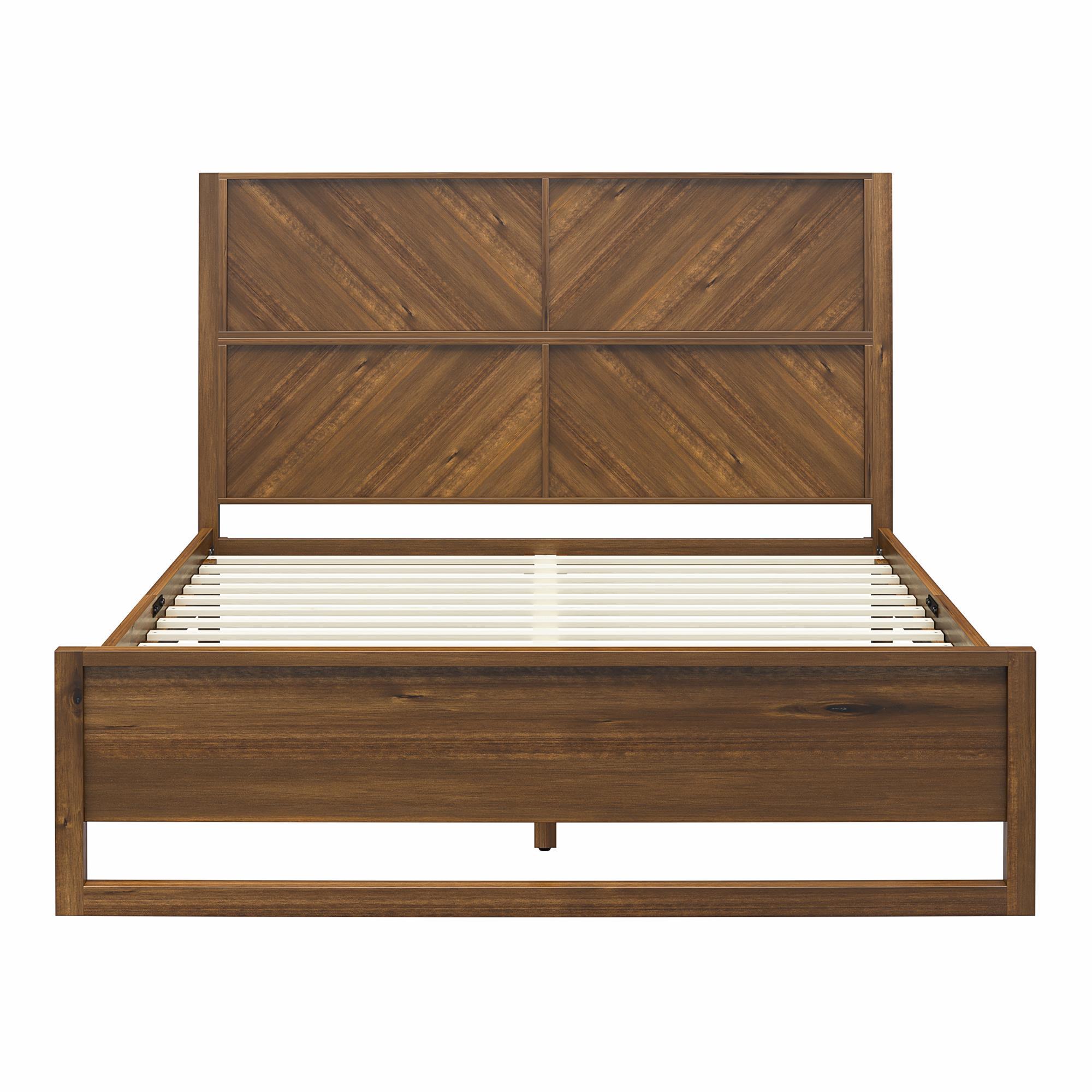 Modern boho queen bed frame in brown acacia veneer with a chevron-patterned headboard and solid wood slat base.