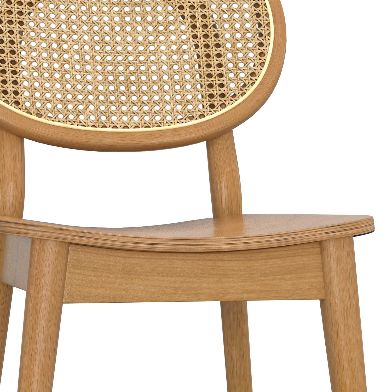 Close-up of brown rattan cane backrest and contoured beech wood seat, showcasing craftsmanship and eco-friendly materials.