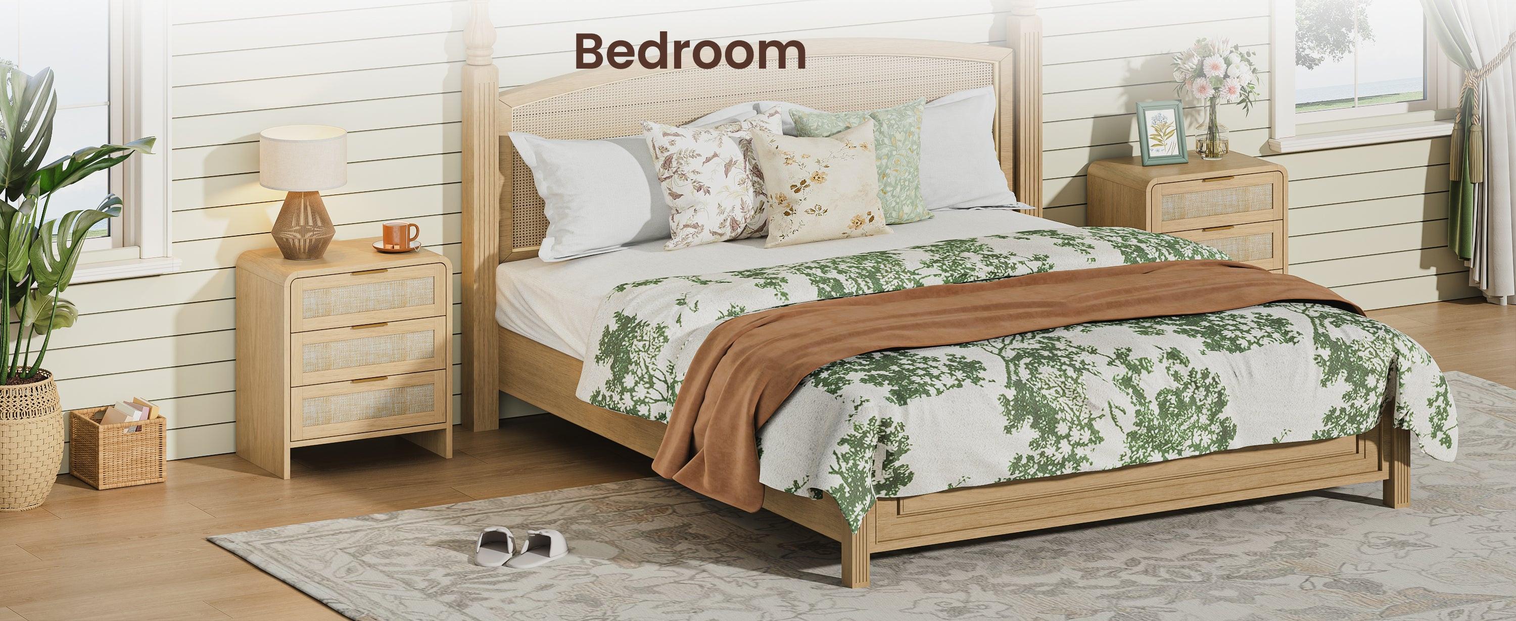 Rattan Nightstand with 3 Drawers for Modern Storage.