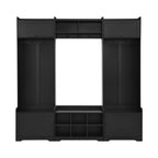 Modern black wooden hall tree with eight shoe cubbies, coat hooks, and enclosed storage cabinets for an entryway.