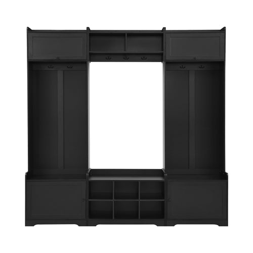Modern black wooden hall tree with eight shoe cubbies, coat hooks, and enclosed storage cabinets for an entryway.