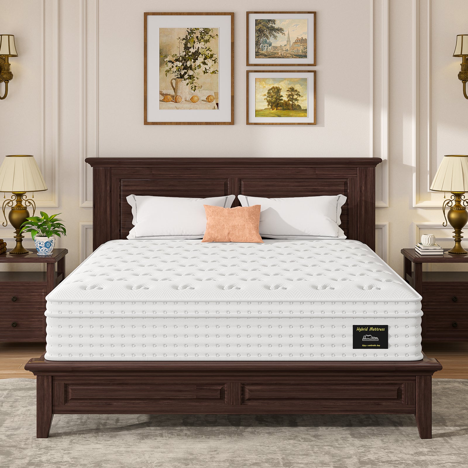 Front view of 12'' hybrid queen mattress on a classic wooden bed in a stylish bedroom, designed for pressure relief and ergonomic comfort.