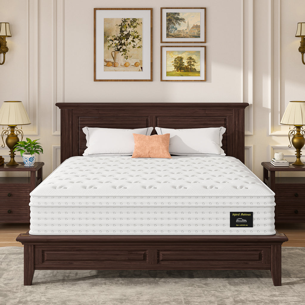 Front view of King Hybrid Mattress on wooden bed frame in elegant bedroom, showcasing plush surface and ergonomic design.