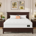 Front view of King Hybrid Mattress on wooden bed frame in elegant bedroom, showcasing plush surface and ergonomic design.