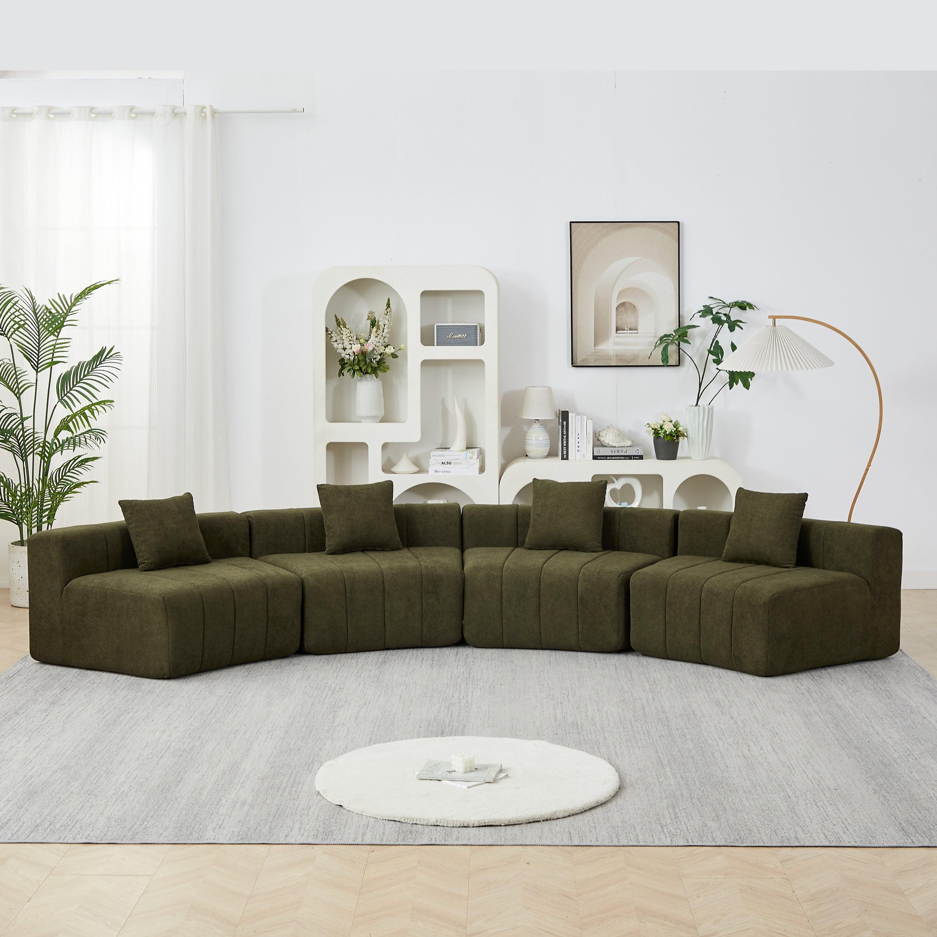 Chenille Curved Sectional Sofa with 4 Pillows for Living Room.