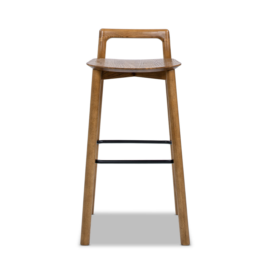 Front view of Sven 30' modern low back wood barstool in dark brown with black iron footrest and minimalist design.