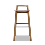 Front view of Sven 30' modern low back wood barstool in dark brown with black iron footrest and minimalist design.