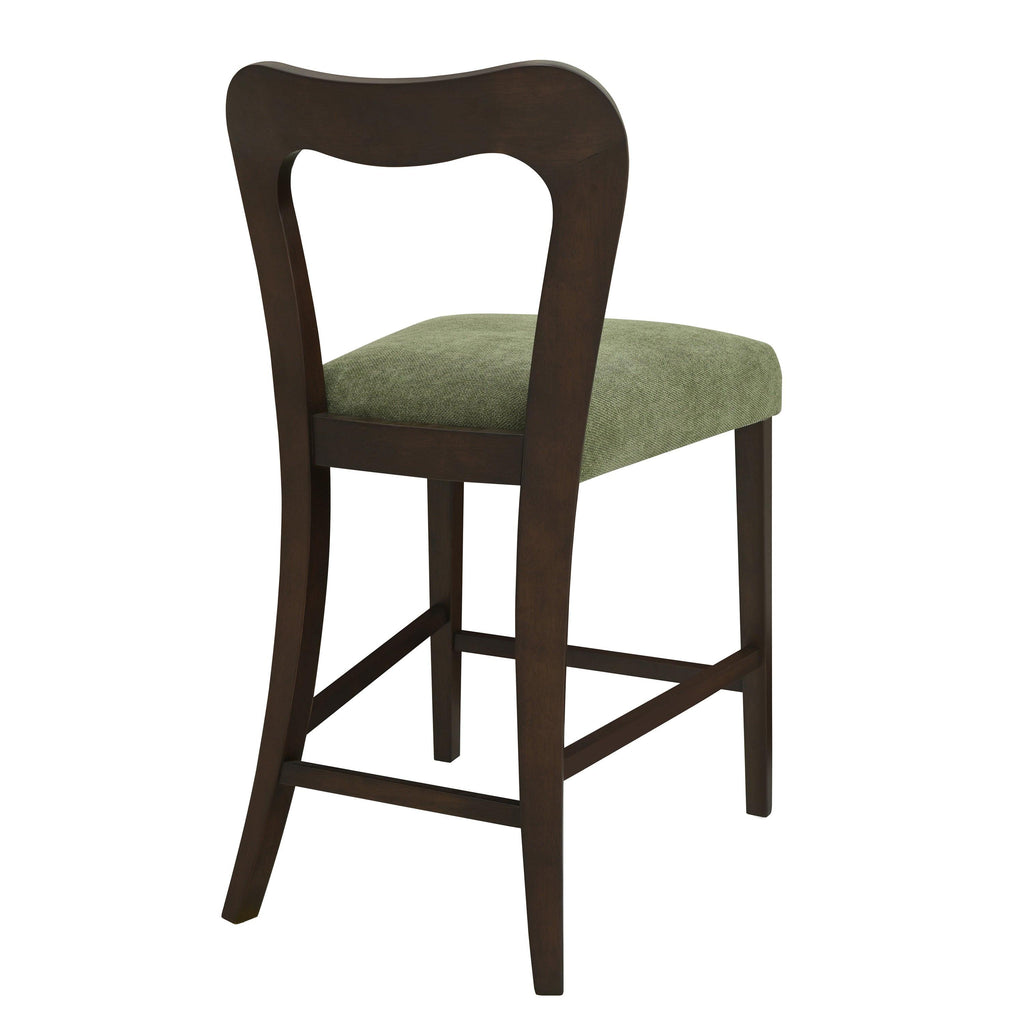 Set of 2 Rubberwood Counter Stools in Dark Brown and Green.