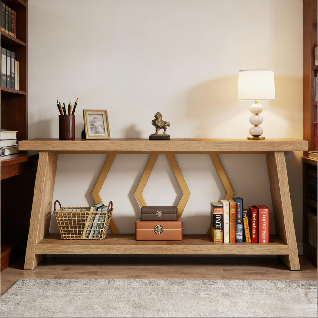 Modern oak console table with gold geometric accents, lower storage shelf, and styled decor against a neutral wall.