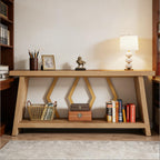 Modern oak console table with gold geometric accents, lower storage shelf, and styled decor against a neutral wall.