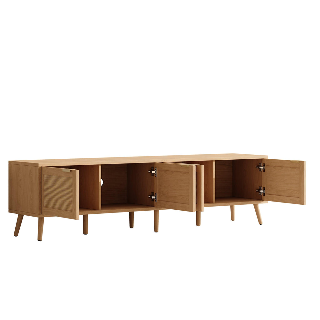 Modern TV Stand with Rattan Doors for 80in TVs.