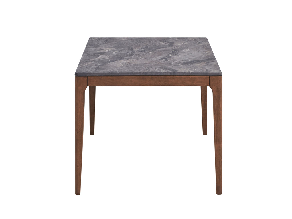 Front view of faux marble dining table with walnut frame, showcasing clean lines and modern design from the walnut dining set collection.