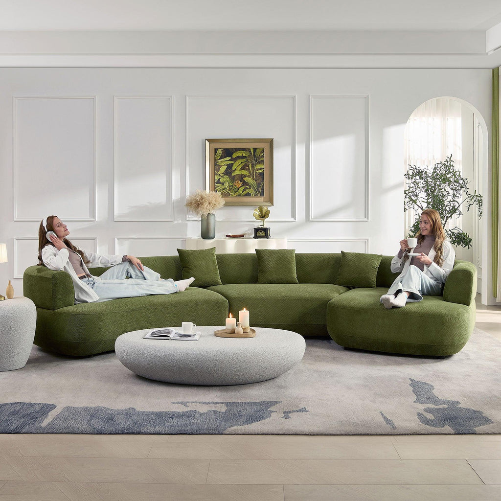 155.91 inch Curved Green Sectional Sofa with 5 Pillows.