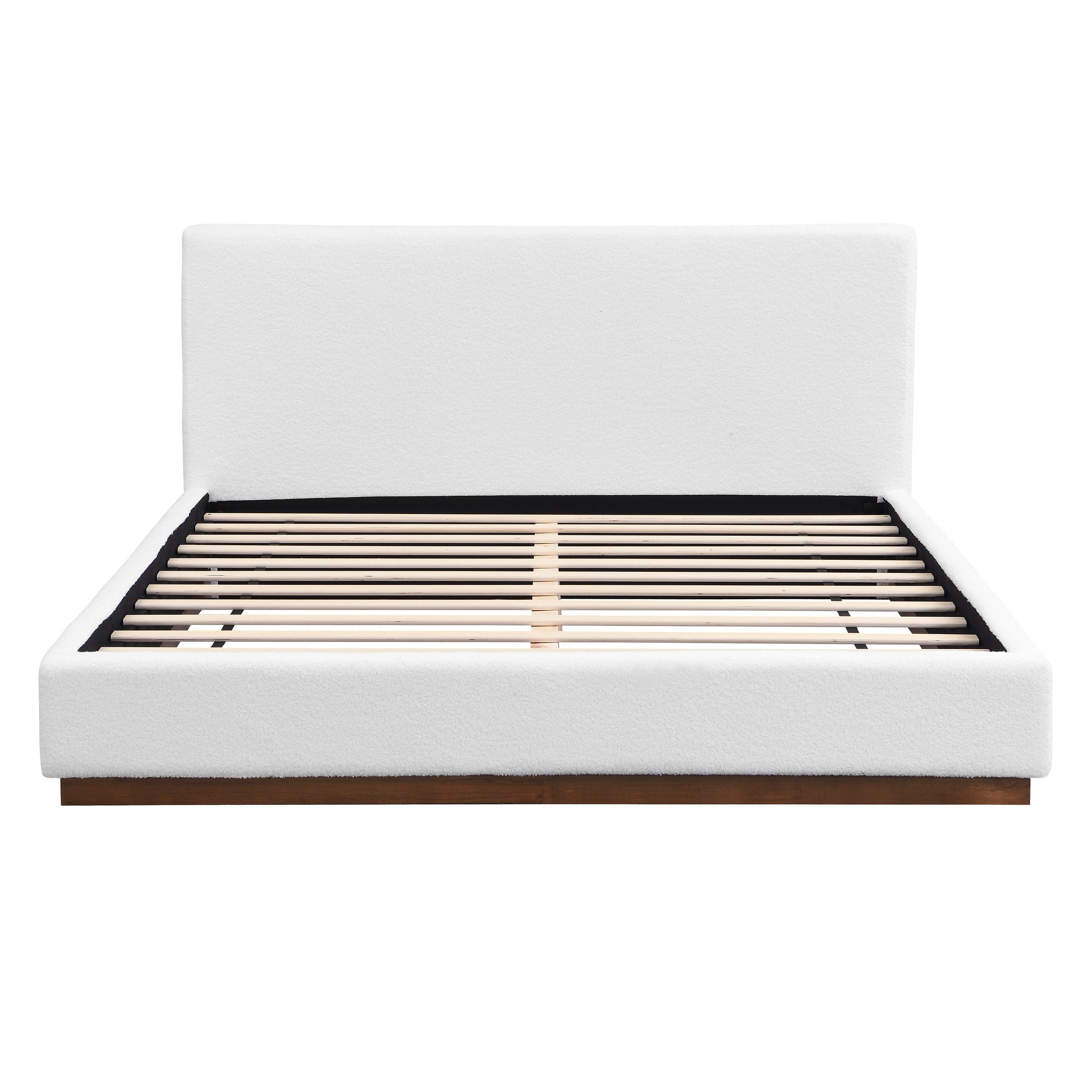 White Boucle Upholstered Bed - Queen Size with Solid Wood Frame.