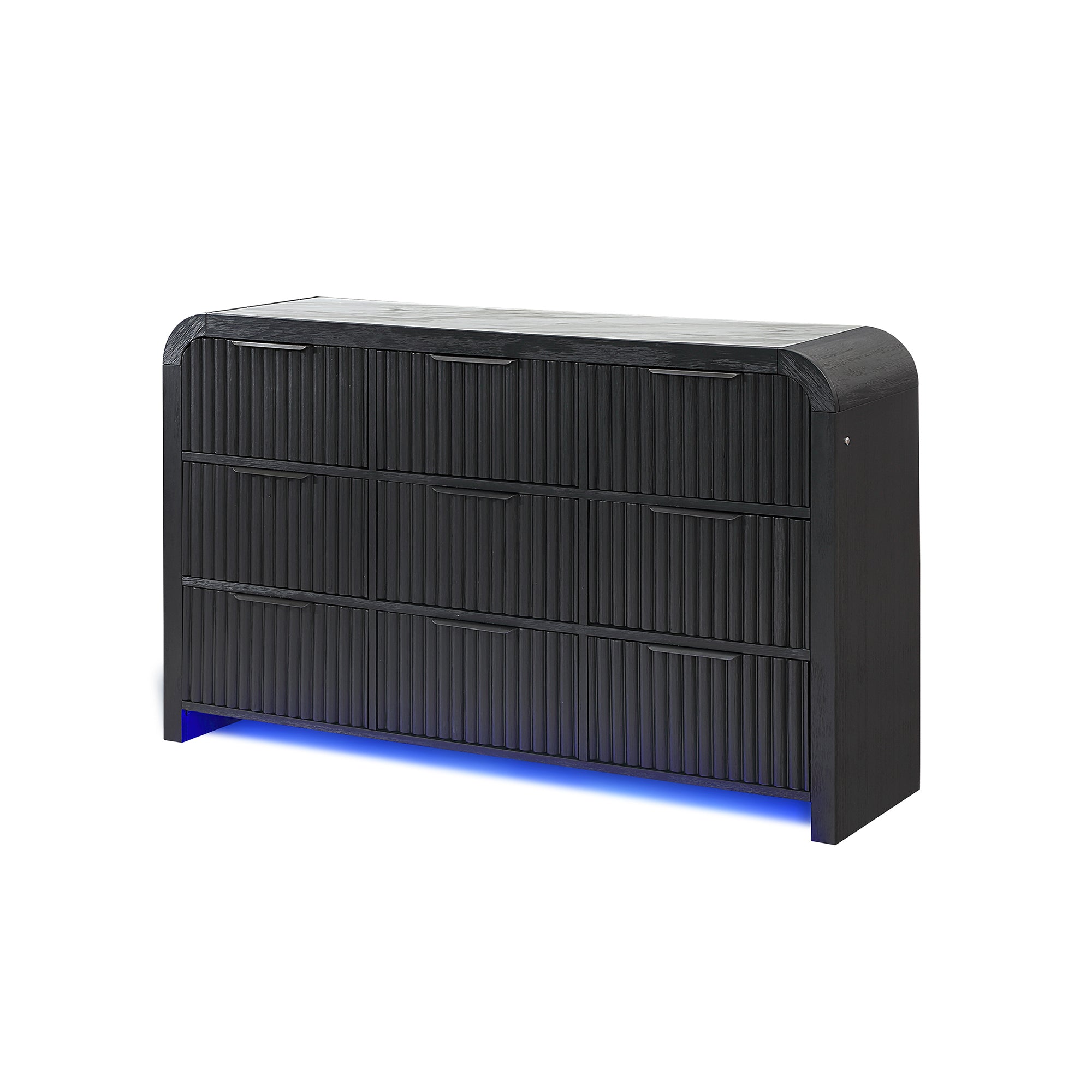 Beverly White and Black Fluted Dresser with LED Light, Spacious Drawers, Edge Pulls, Rubber Wood, 63.25in L x 18in W x 38in H