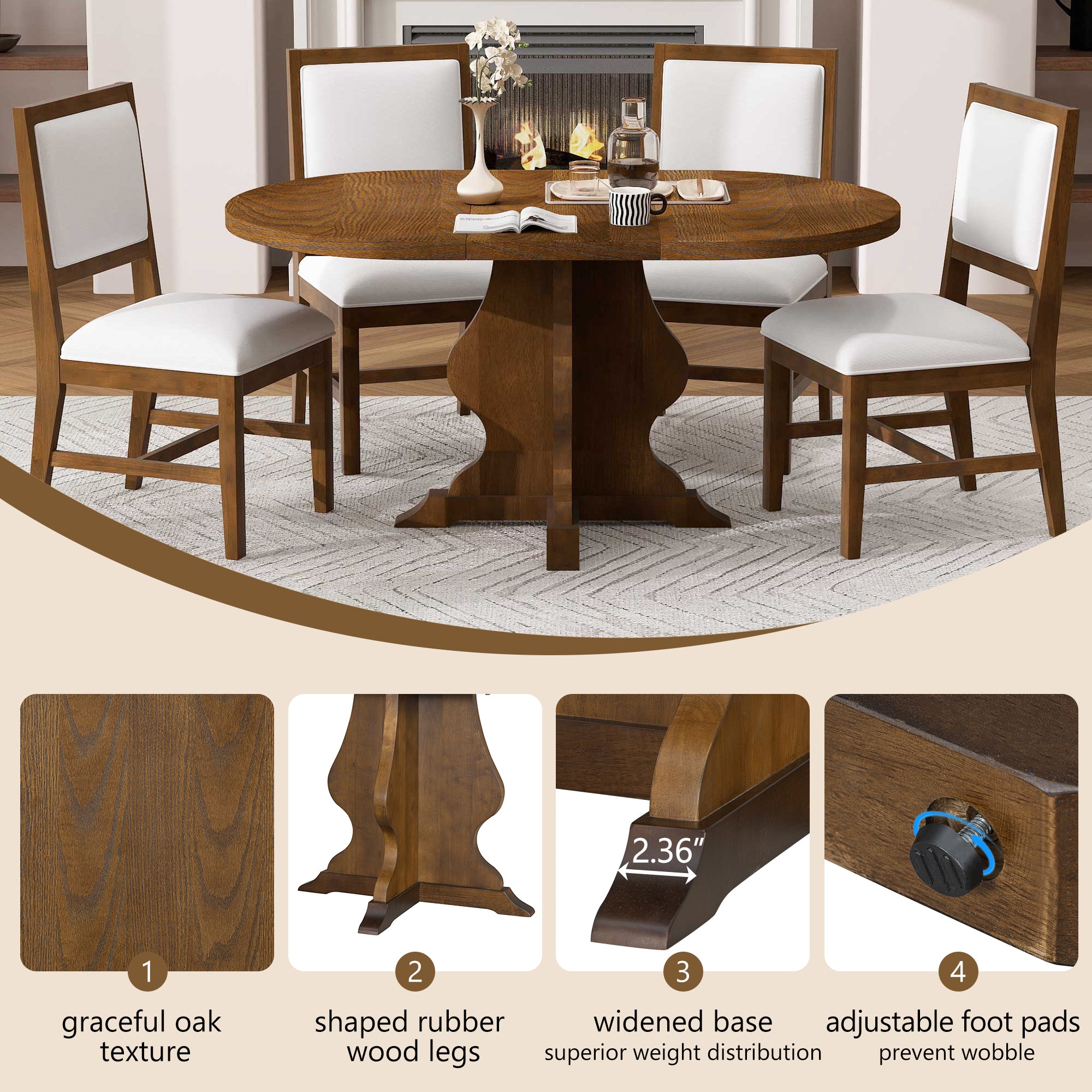 Farmhouse Dining Set features oak texture, rubber wood legs, widened base, and adjustable foot pads for stability and rustic appeal.