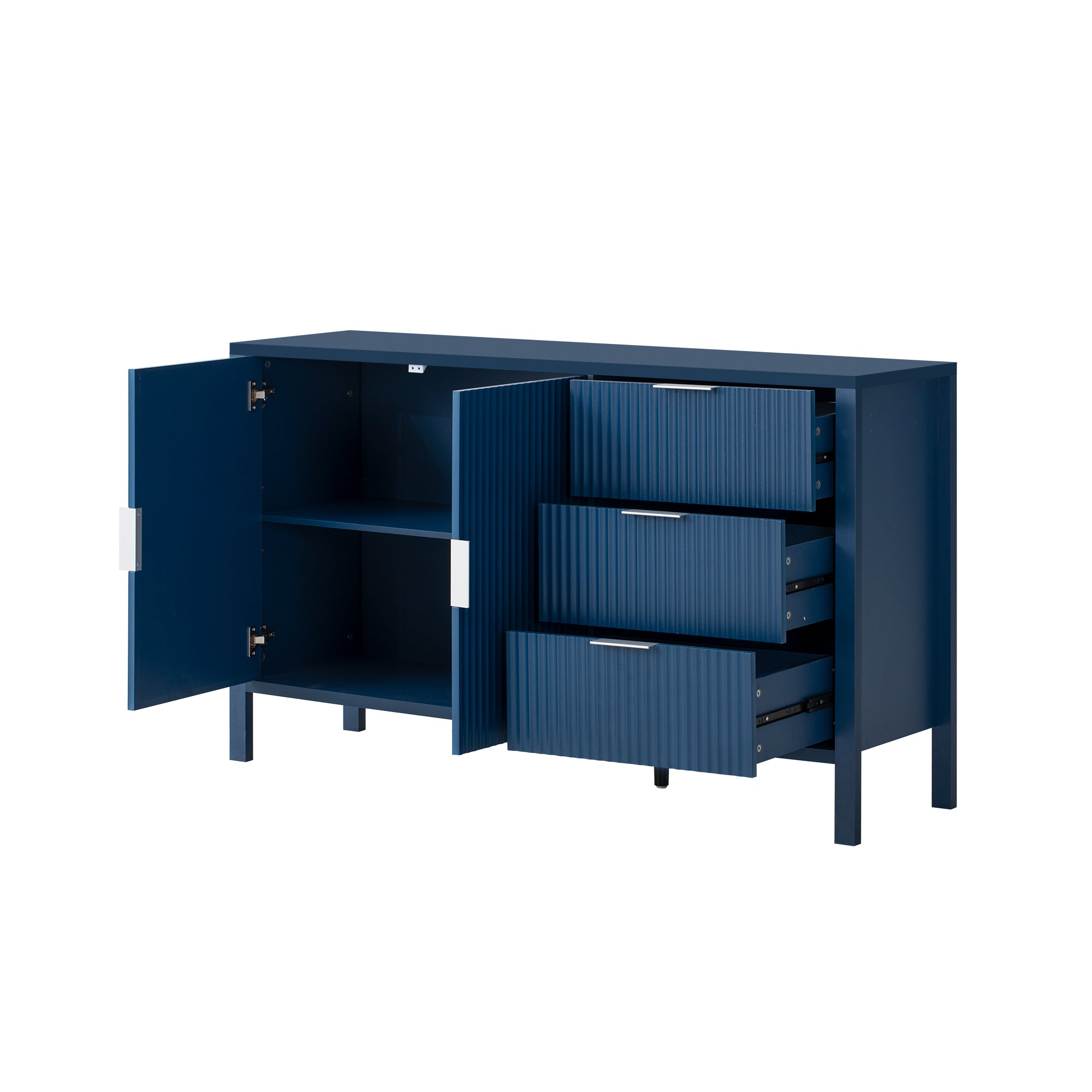 Navy sideboard with open drawers and cabinet doors, revealing spacious compartments for versatile storage solutions.