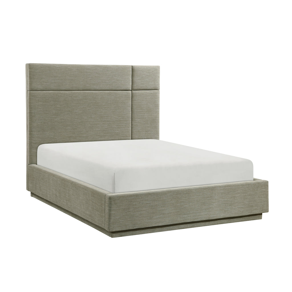 California king platform bed in sage green fabric with a paneled headboard and minimalist low-profile frame.