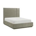Modern king platform bed upholstered in textured olive-green fabric with a paneled headboard and low-profile design.