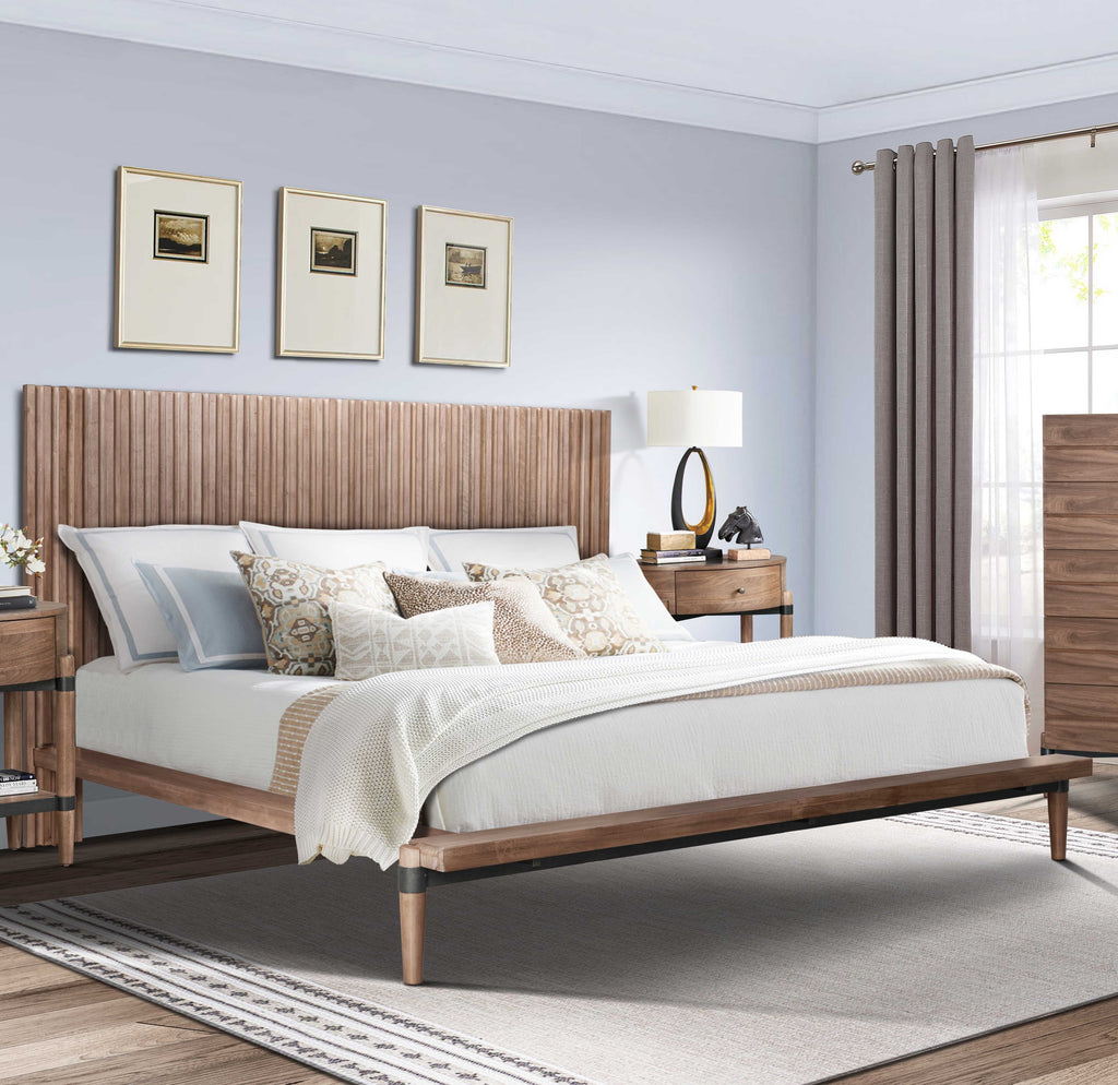 Queen Size Platform Bed in walnut finish with clean lines, wood frame, and neutral bedding in a cozy, sunlit bedroom.