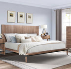 Queen Size Platform Bed in walnut finish with clean lines, wood frame, and neutral bedding in a cozy, sunlit bedroom.