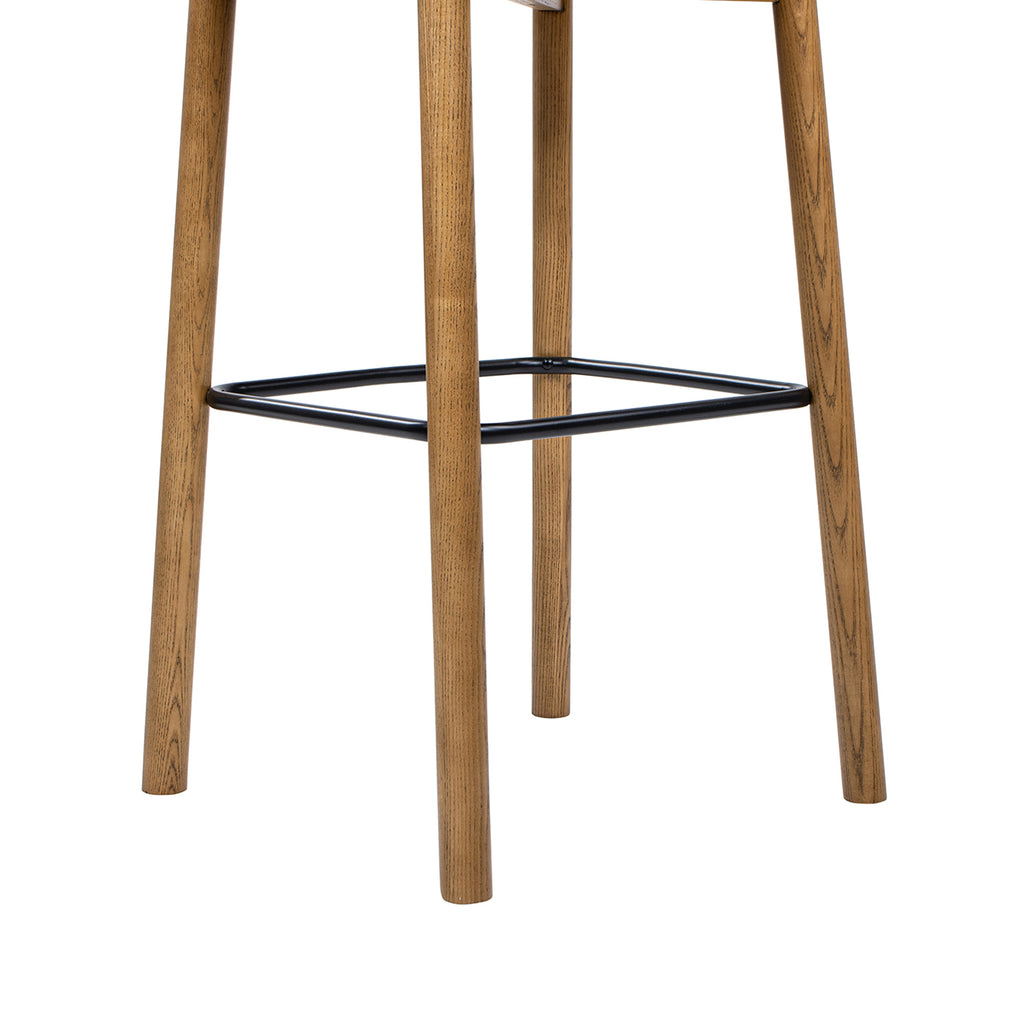 Close-up of Sven 30' modern low back barstool legs in dark brown walnut ash wood with black iron footrest detail.