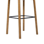 Close-up of Sven 30' modern low back barstool legs in dark brown walnut ash wood with black iron footrest detail.