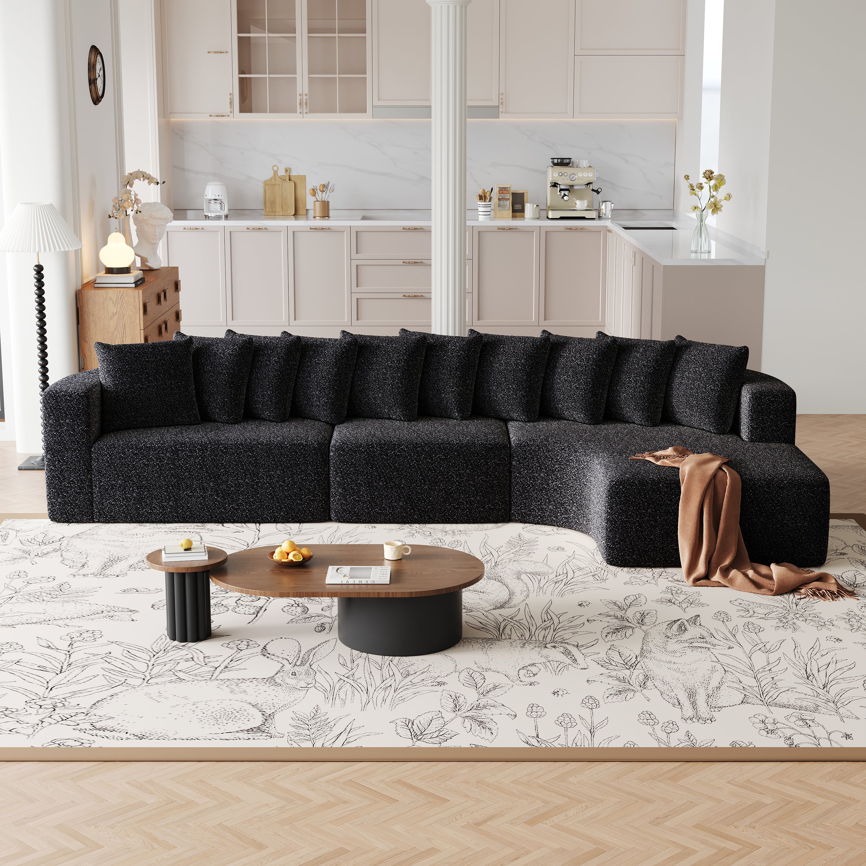 Chenille Sectional Sofa - Modular L-Shaped Sofa with chenille upholstery and 10 pillows, styled with a coffee table and floral area rug.