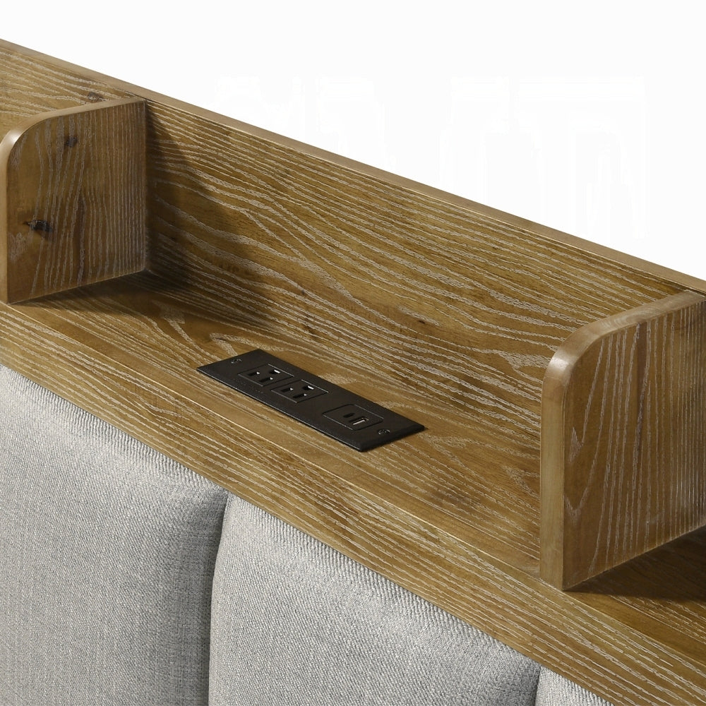 Close-up of USB ports on King Wooden Bed USB Ports - King Size Bed, integrated into the brown wood headboard shelf for convenient device charging.
