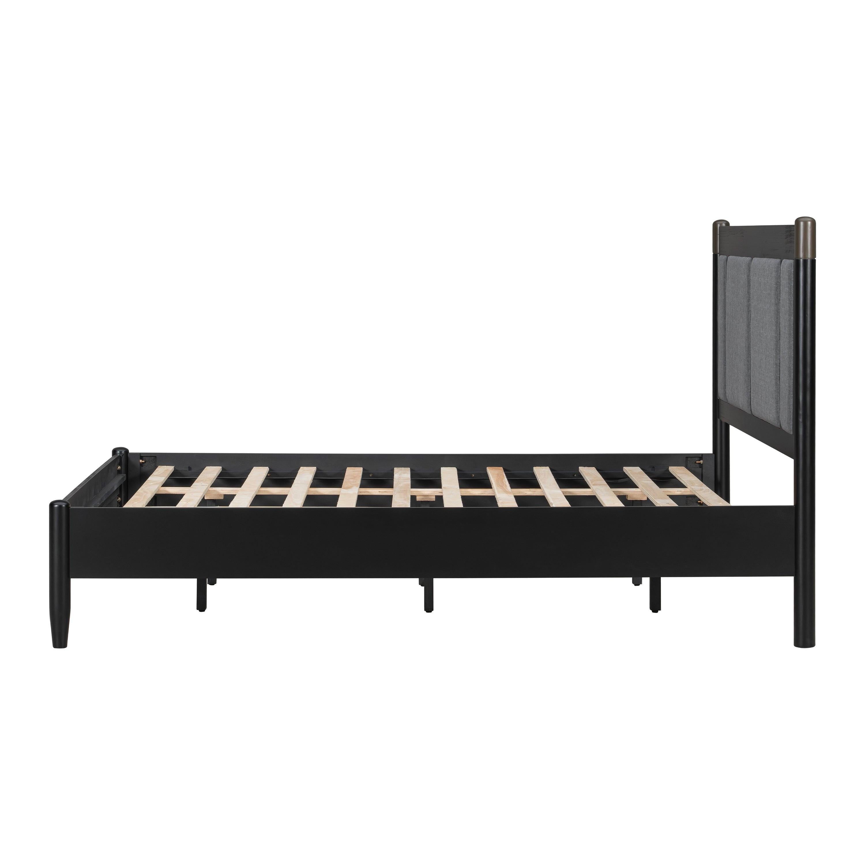 Solid Wood Queen Bed - Heavy Duty, Support 500 lbs - Black Headboard.