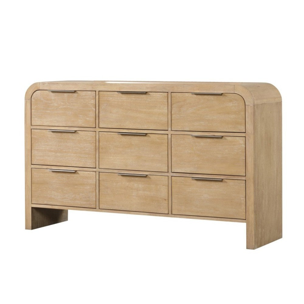Solid rubber wood 9-drawer dresser in natural finish, featuring a smooth surface and transitional design for bedroom organization.