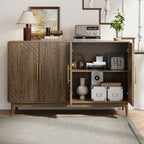 Walnut buffet cabinet with one side open, displaying adjustable shelves storing books, boxes, and decor. Sleek and functional dining room storage.