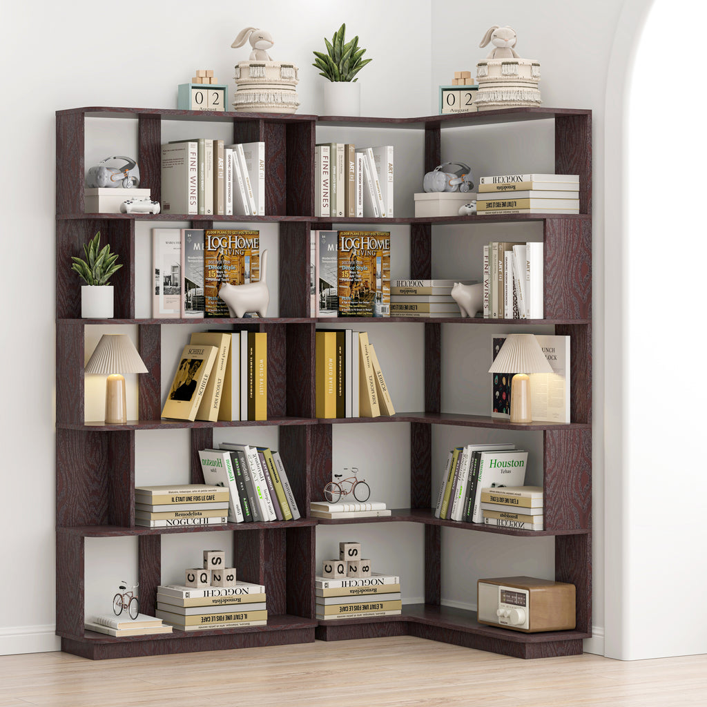 Expandable Corner Bookshelf Set in Ox Blood Red, 67-Inch Wide