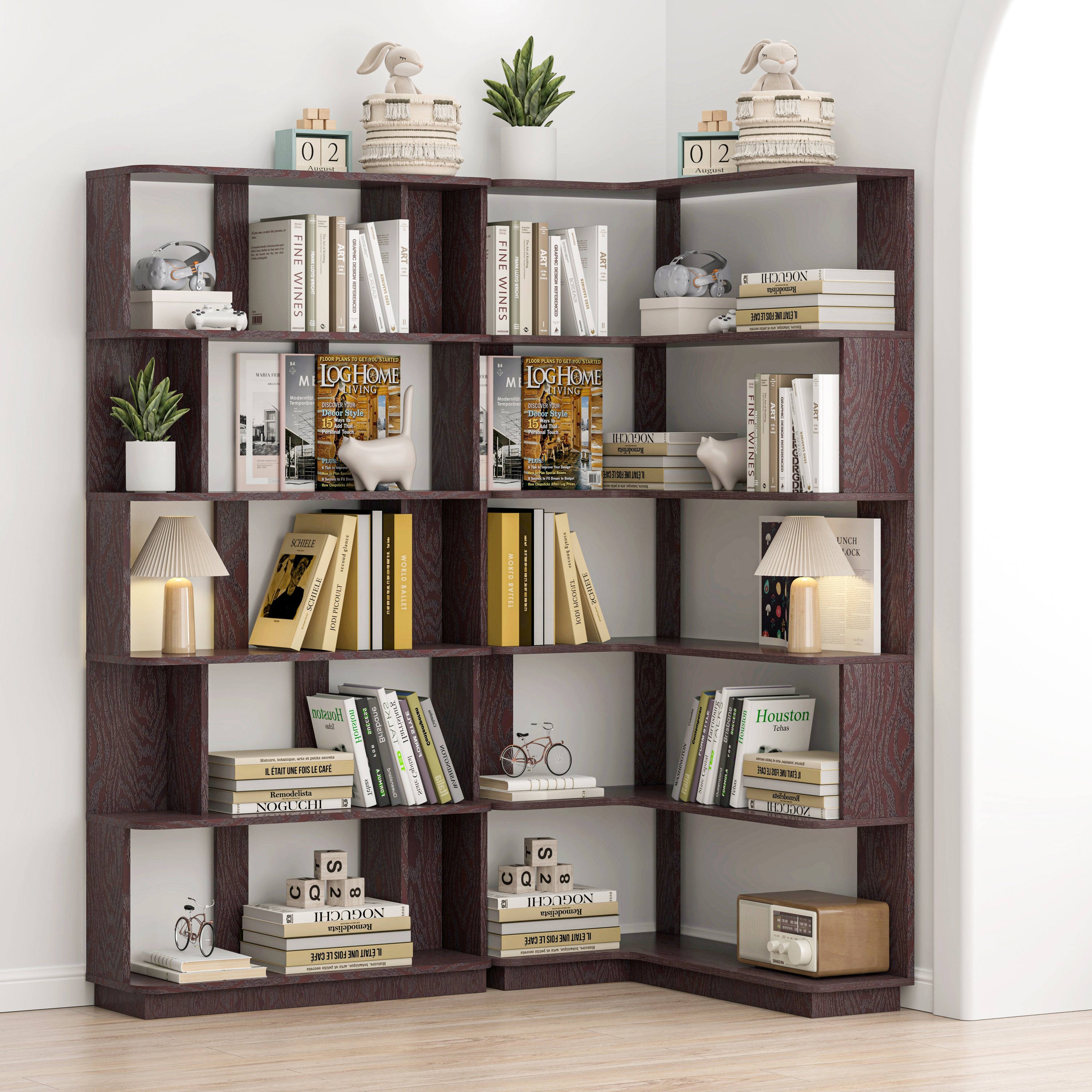 Expandable Corner Bookshelf Set in Ox Blood Red, 67-Inch Wide