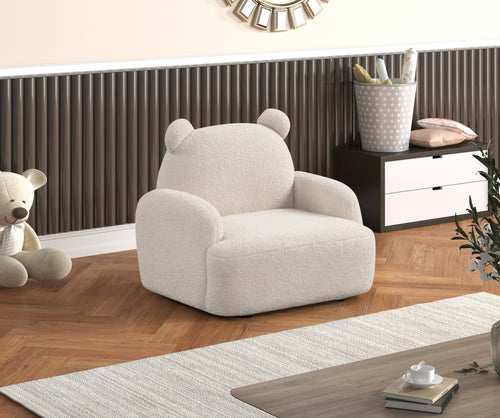 Bear Shaped Kids Armchair - Beige Sherpa with foam filled seat in a cozy playroom setting. Features soft texture and playful bear ear design.
