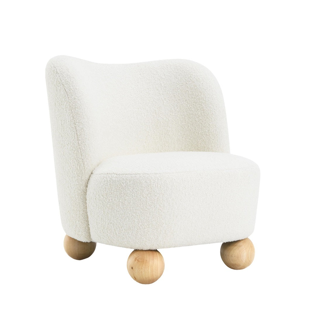Curved Back Boucle Upholstered Accent Chair with plush white texture and spherical wood legs, ideal for modern home decor.