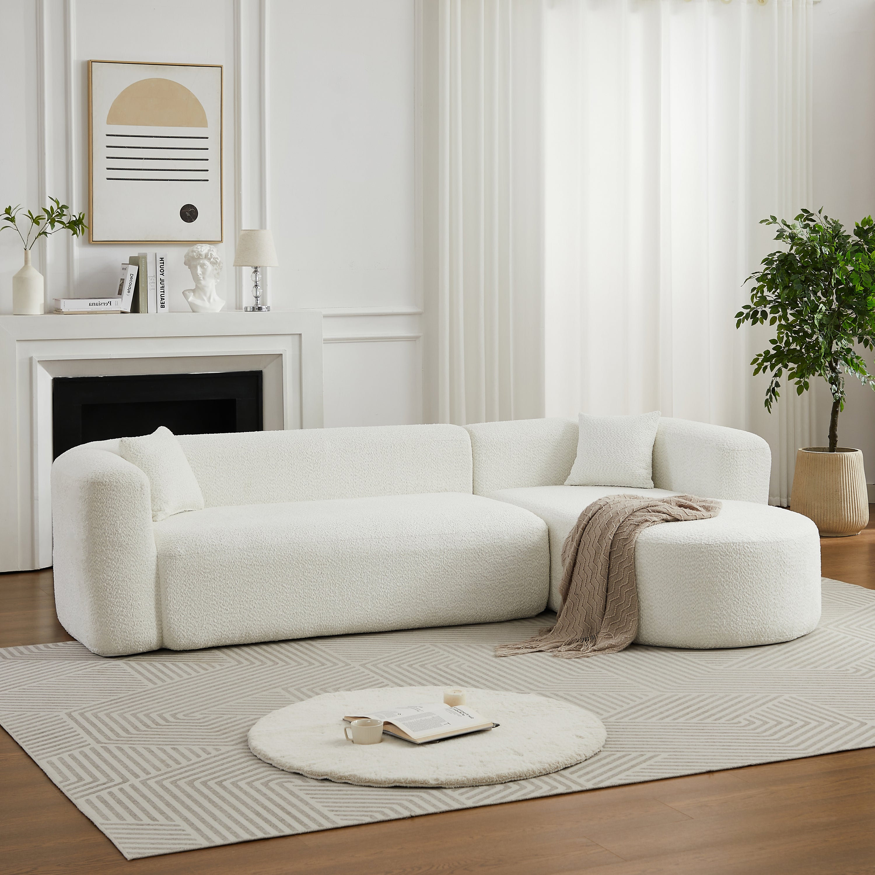 109.4' modular sectional sofa in beige chenille fabric with modern design, placed in a bright living room with minimalist decor.