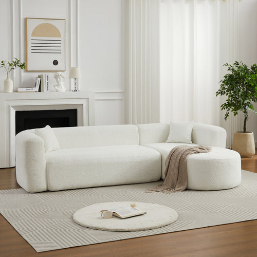 109.4' modular sectional sofa in beige chenille fabric with modern design, placed in a bright living room with minimalist decor.