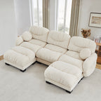 Beige pleated chenille U-shape sectional with two ottomans, curved armrests, and two round throw pillows on a rug.