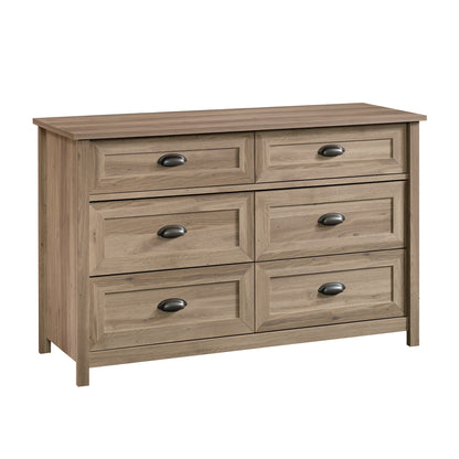 Brown dresser with storage in transitional design featuring six spacious drawers and a rustic wood finish, ideal for bedroom organization.