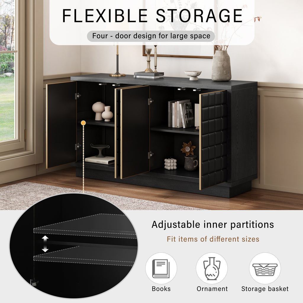 Interior view of 4-Door Storage Cabinet with adjustable partitions for flexible storage of books, ornaments, and baskets.