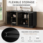 Interior view of 4-Door Storage Cabinet with adjustable partitions for flexible storage of books, ornaments, and baskets.