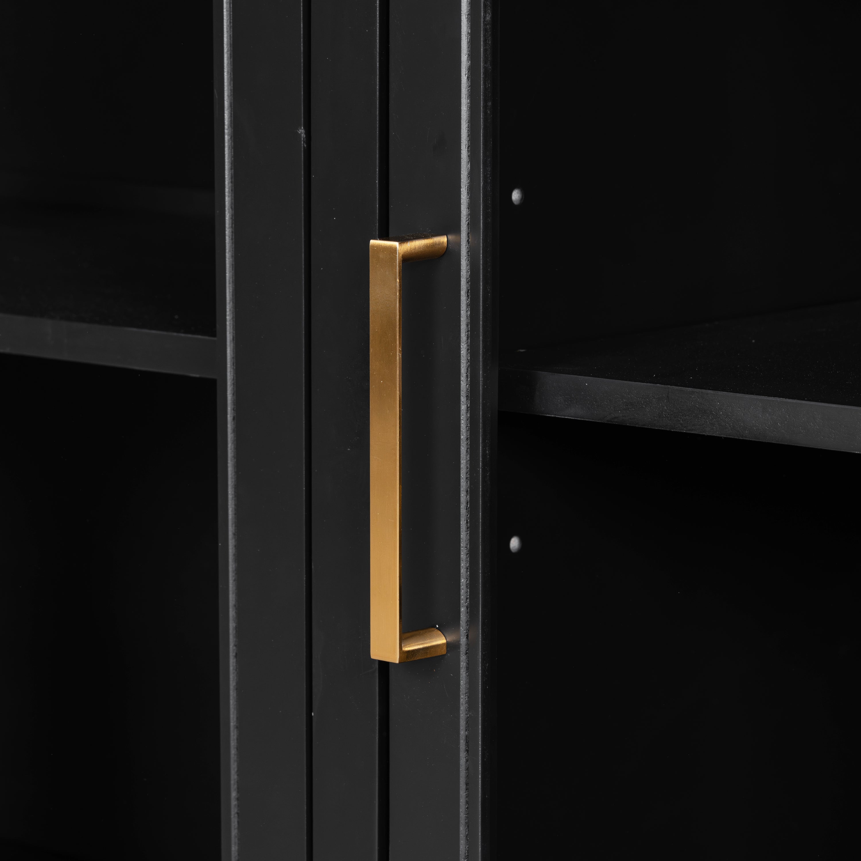 Close-up of gold handle on black cabinet door, part of the large storage cabinet with adjustable shelves and three doors.