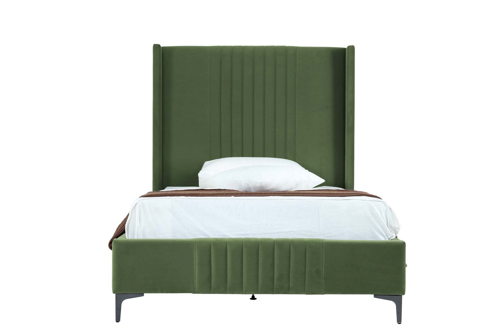 Front view of Moss Green 48' Velvet Bed with mattress and pillow, showcasing vertical stitched headboard and modern frame.