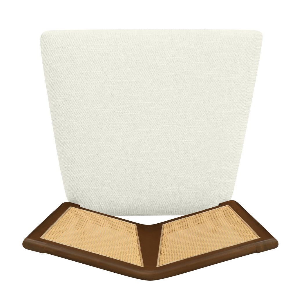 Top-down view of mid-century dining chair seat and backrest, highlighting the V-shaped rattan panel and cushioned seat.