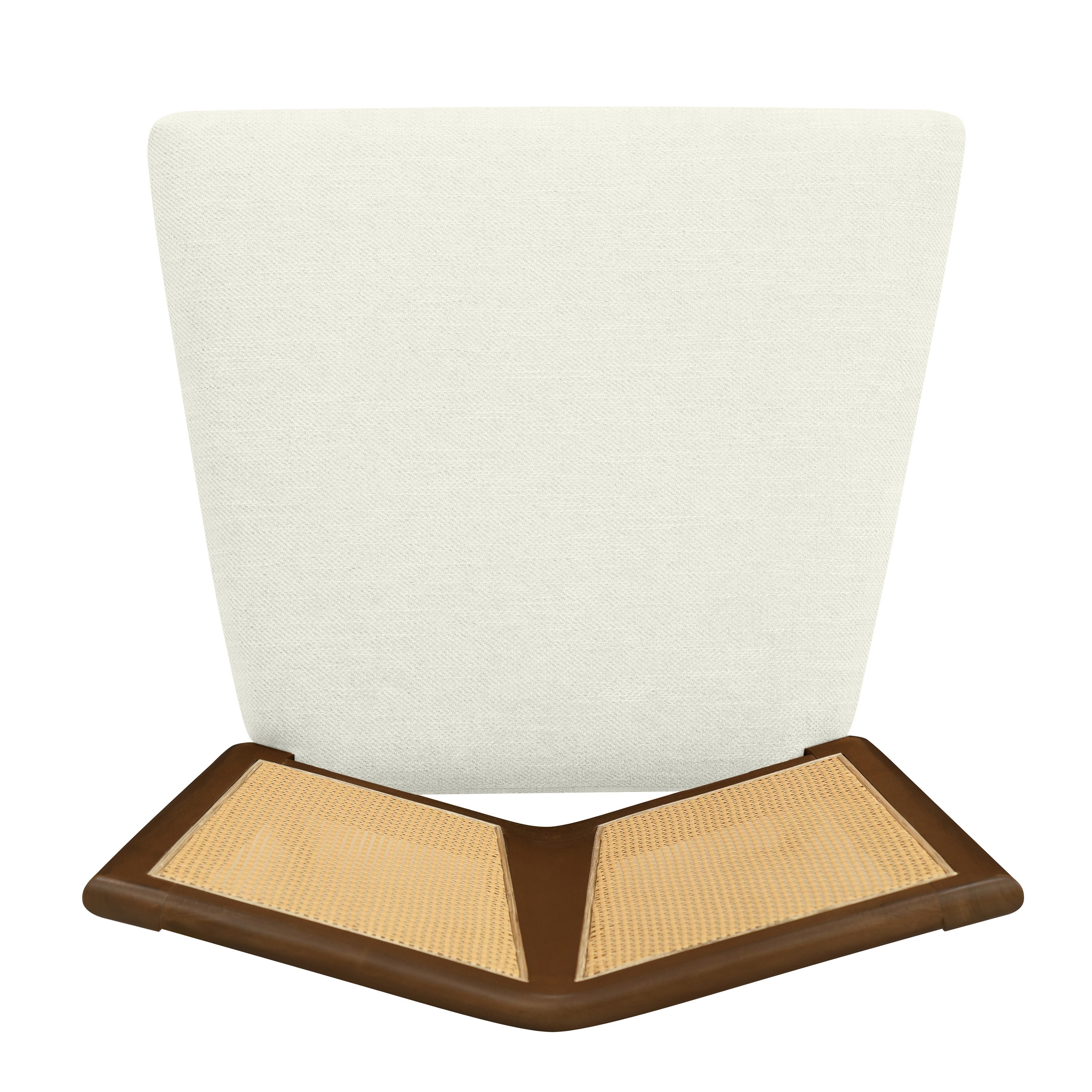 Top-down view of mid-century dining chair seat and backrest, highlighting the V-shaped rattan panel and cushioned seat.